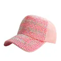 Pink baseball cap with rainbow AB rhinestones and sparkly cross-set sequin details - Pink Hat with Pink and White AB Rhinestone