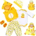 Five-piece yellow duck themed baby doll outfit set with hooded vest and romper - Five-Piece Set (Vest/Onesie/Pants/Hat/Shoes) / Yellow