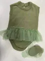 Detail of green knitted doll romper and matching hat with tulle tutu for 55cm baby doll - Knitted Romper And Hat Suit / Grass Green