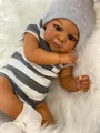 23 inch dark skin reborn baby doll Jaylan in grey striped romper and knit hat - Fabric Body Style (Approx 58 cm) / Deep Skin
