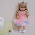 55cm realistic reborn baby girl doll with blonde hair in pink tulle layered dress - 55 cm / Blonde Hair Pink Dress / Full Silicone Body