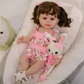55cm lifelike reborn baby girl doll in pink floral dress with plush rabbit toy - 55cm Full Silicone / 55 cm