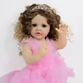 55cm realistic reborn baby girl doll with brown curly hair in pink princess dress - Full Silicone Body With Pink Dress / Pink / 55 cm