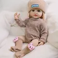 22-inch Betty reborn doll in brown knit romper, matching beanie, and cute animal socks - Full Silicone Style / Brown / 55cm