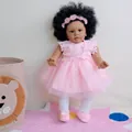 Realistic 26-inch dark skin reborn baby doll in pink lace dress and floral headband - 66cm (26 Inch) / Cloth Body Style