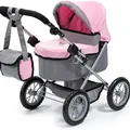 Roze en grijze poppenwagen met metalen frame, opbergmand en bijpassende luiertas - Roze grijs