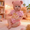 Realistic 19-inch baby doll in pink crown romper and knitted bear ear hat - Pink Crown Print Style (Full Vinyl)