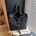 Retro denim tote bag in dark grey with contrast stitching and adjustable wide shoulder strap - Black