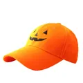 Orange Halloween baseball cap featuring a black embroidered Jack-o'-lantern pumpkin face - Adjustable / Orange