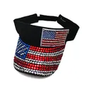 Detail of handcrafted rhinestones forming the American flag on a black sun visor hat - Adjustable / Black
