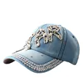 Berretto da baseball in denim con scritte STAR di strass e perle per protezione solare - Regolabile / Blu Chiaro (AR)