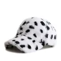 Close-up of plush faux fur baseball cap with black and white dalmation leopard print - Adjustable / White (Dalmatian Dots)