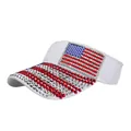 White sun visor hat with American flag rhinestone pattern for summer sun protection - Adjustable / White