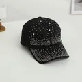 Detail of black baseball cap with colorful gradient rhinestones and star sequins - One Size / Black