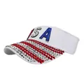 White sun visor hat with USA rhinestone letters and red silver striped crystal brim - Adjustable / White