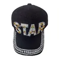 Black knit baseball cap with STAR rhinestone embellishments and pearl-trimmed brim - STAR Letter Style / Black