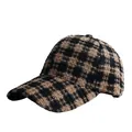 Women's plaid tweed baseball cap in black and brown houndstooth checkered pattern - Adjustable / Khaki