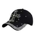 Black punk baseball cap with rhinestone cross and silver metal studs in side view - Adjustable / Black