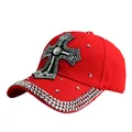 Red baseball cap for women featuring a handmade rhinestone cross and crystal studs - Adjustable / Red