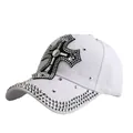 White rhinestone baseball cap featuring black cross patches and decorative gems - Adjustable / White