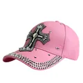 Pink women's handmade rhinestone baseball cap featuring a decorative cross patch design - Adjustable / Pink