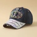 Blue denim baseball cap with rhinestone crown and holographic snakeskin brim detail - Adjustable / Crown Style