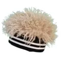 Detail of trendy knit wig hat featuring white curly faux fur top and striped black headband - One Size / Beige