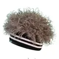Detail of grey wig beanie with fluffy top and black and white striped elastic band - One Size / Gray
