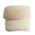 Beige knitted sun visor hat for women with sparkling rhinestone wave decorations - Beige