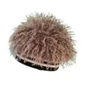 Detail of faux fur hat with thick curly texture and ethnic black and white striped band - One Size / Khaki