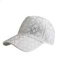White baseball cap with silver rhinestones, M letter pattern and quilted diamond design - White