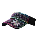 Visiera parasole di lusso da donna con strass colorati e dettaglio floreale 3D - Regolabile / Cappello Nero Strass Viola