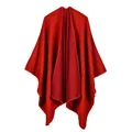 Detailed view of red knitted double-sided shawl with thick cashmere texture and refined edges - Solid Red Shawl