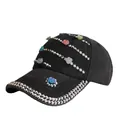 Black washed baseball cap with silver rivets and colorful floral crystal embellishments - Adjustable / Washed Black