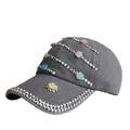 Dark grey cotton baseball cap featuring silver studs and colorful resin flower accents - Adjustable / Washed Grey