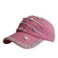 Pink washed baseball cap for women with silver studs and colorful floral 3D accents - Adjustable / Washed Pink