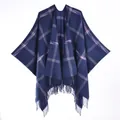 British style navy blue and pink checkered cashmere-like shawl with elegant fringe edges - 130*150cm / Navy Blue Plaid With Tassels