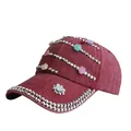 Vintage red washed denim baseball cap with silver rivets and colorful floral 3D decor - Adjustable / Washed Wine Red