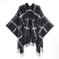 Classic black and white plaid cashmere-like shawl with elegant long fringes - 130*150cm / Black Plaid With Tassels