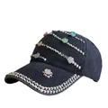 Dark grey baseball cap featuring metal studs and colorful floral accents for women - Adjustable / Washed Navy
