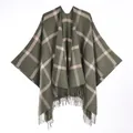 Plaid cashmere-like shawl poncho in dark green and pink with fringe detail - 130*150cm / Army Green Plaid With Tassels