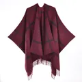 Detailed view of burgundy plaid shawl with soft cashmere feel and elegant long fringes - 130*150cm / Wine Red Plaid With Tassels