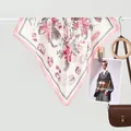 Elegant white floral silk scarf with pink edges and fashion illustrations for women - Pink