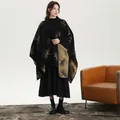 Women's knit poncho cape with brown ginkgo leaf patterns for autumn and winter warmth - Ginkgo Pattern Ink Black