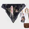 Navy blue silk scarf with pink roses hanging on white bar with vintage bag decor - Bandana / Peony Navy Blue