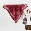 Minimalist red geometric pattern silk scarf styled as a neckerchief on a display stand - Wine Red Grid Border