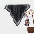 Elegant black and white geometric print silk scarf with chic bohemian patterns - Black Grid Border