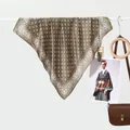 Brown geometric print silk scarf for women hanging with vintage fashion accessories - Greenish Brown Grid Border