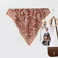 Classic caramel paisley silk scarf with white floral patterns and beige border detail - Coffee