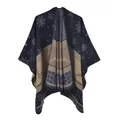 Mantella in maglia etnica con fiocchi di neve blu e cervi in finto cashmere - Natale Doppio Lato Nero Grigio